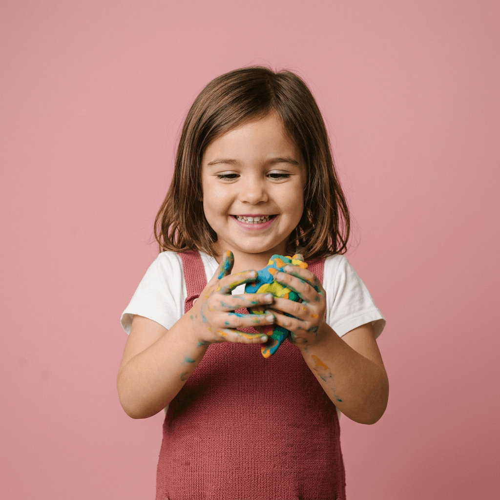 A smiling young child shaping colourful modelling clay