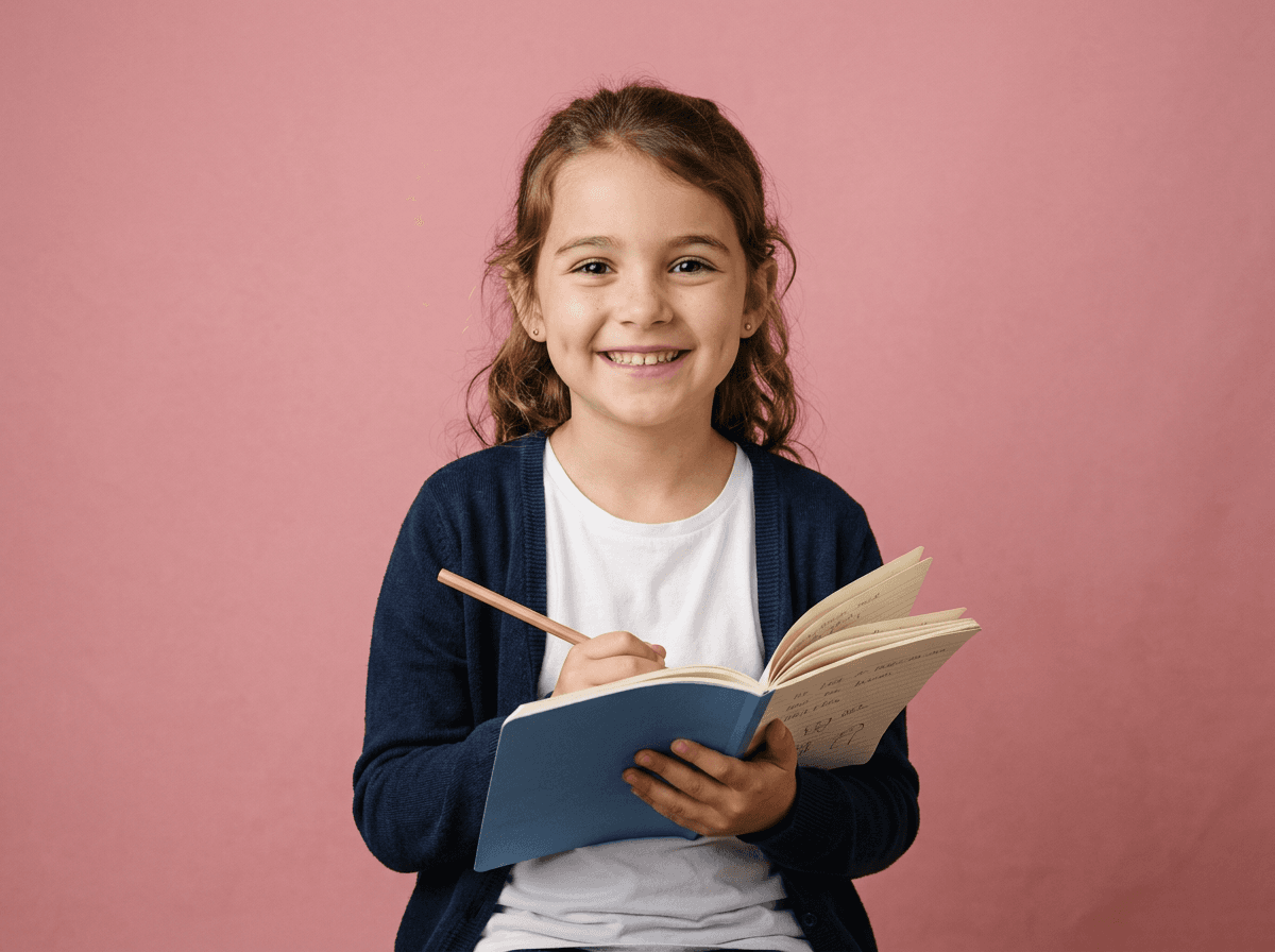 A smiling primary-school girl holding a pencil and exercise book